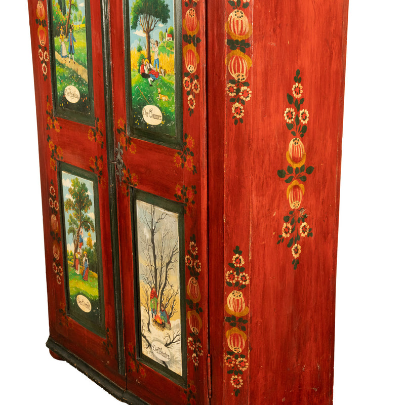 Antique 19th Century German Painted Cabinet Wedding Armoire "Four Seasons" 1850