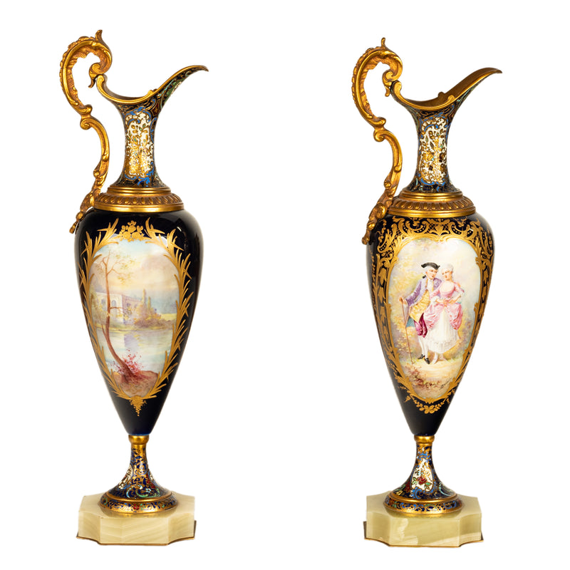 Pair Antique French Sevres Porcelain & Champleve, Ormolu Ewers Signed Rochette Circa 1890