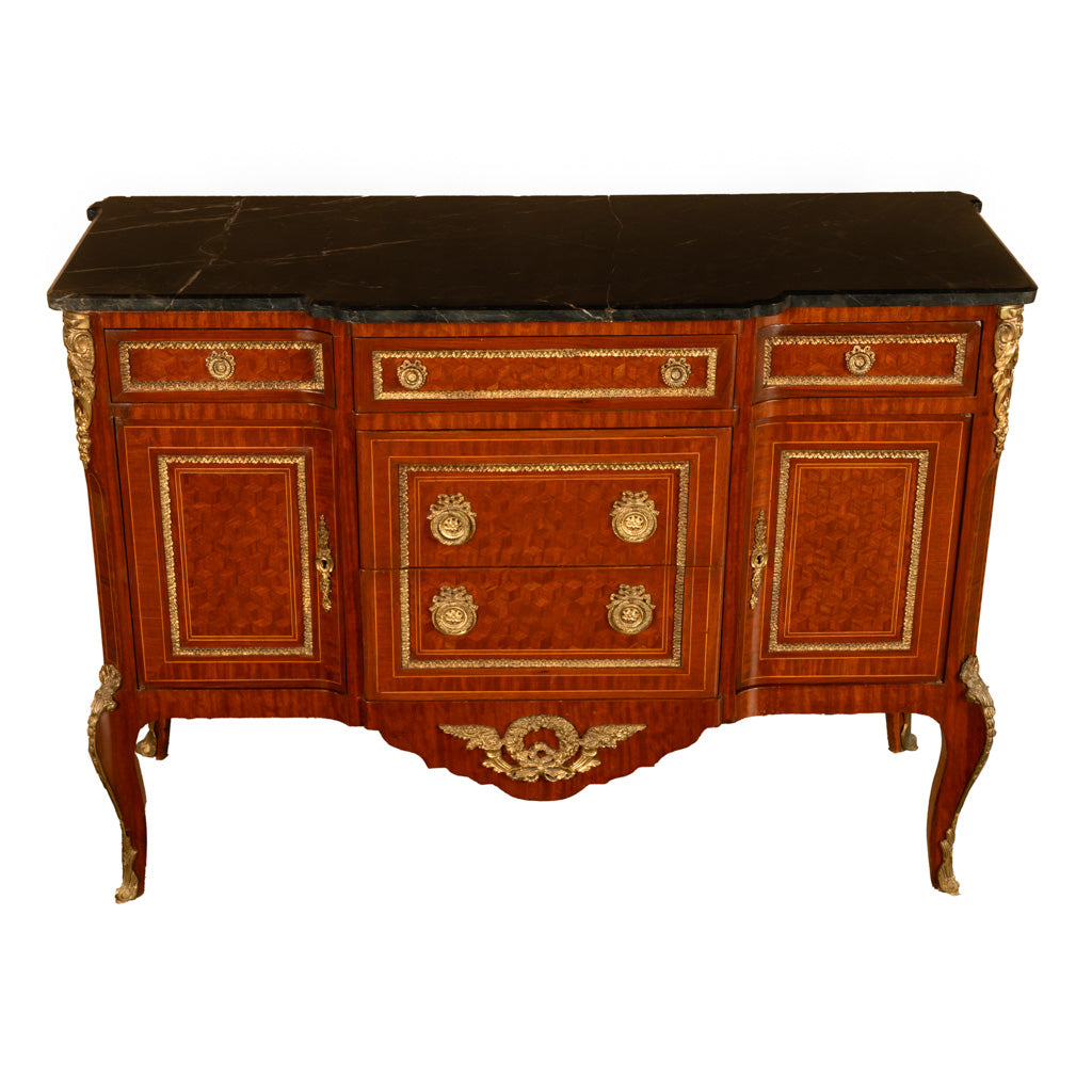 Antique French Parquetry Ormolu Marble Top Louis XVI Commode Chest Drawers 1880