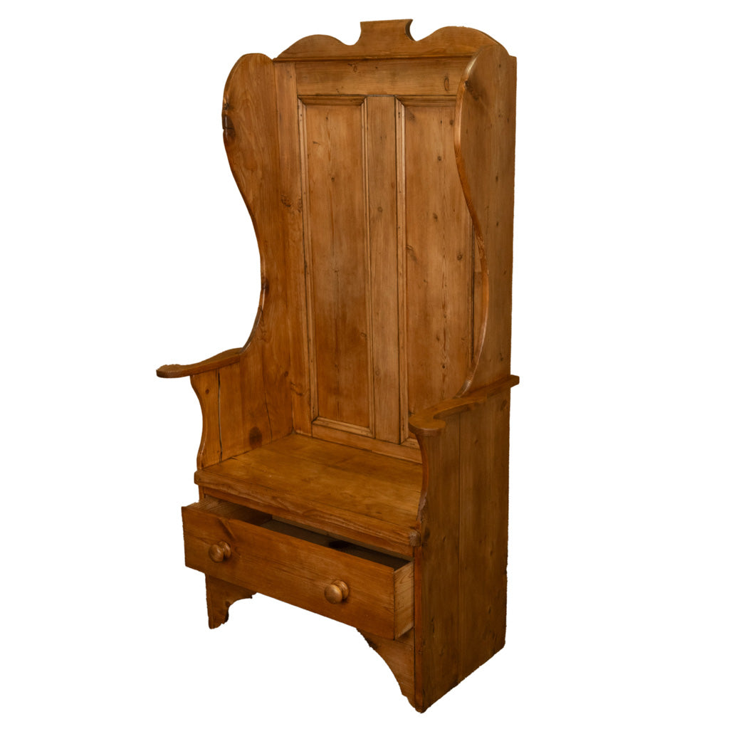 Antique 19thC English Pine Lambing Chair Hall Bench Settle With Drawer 1860