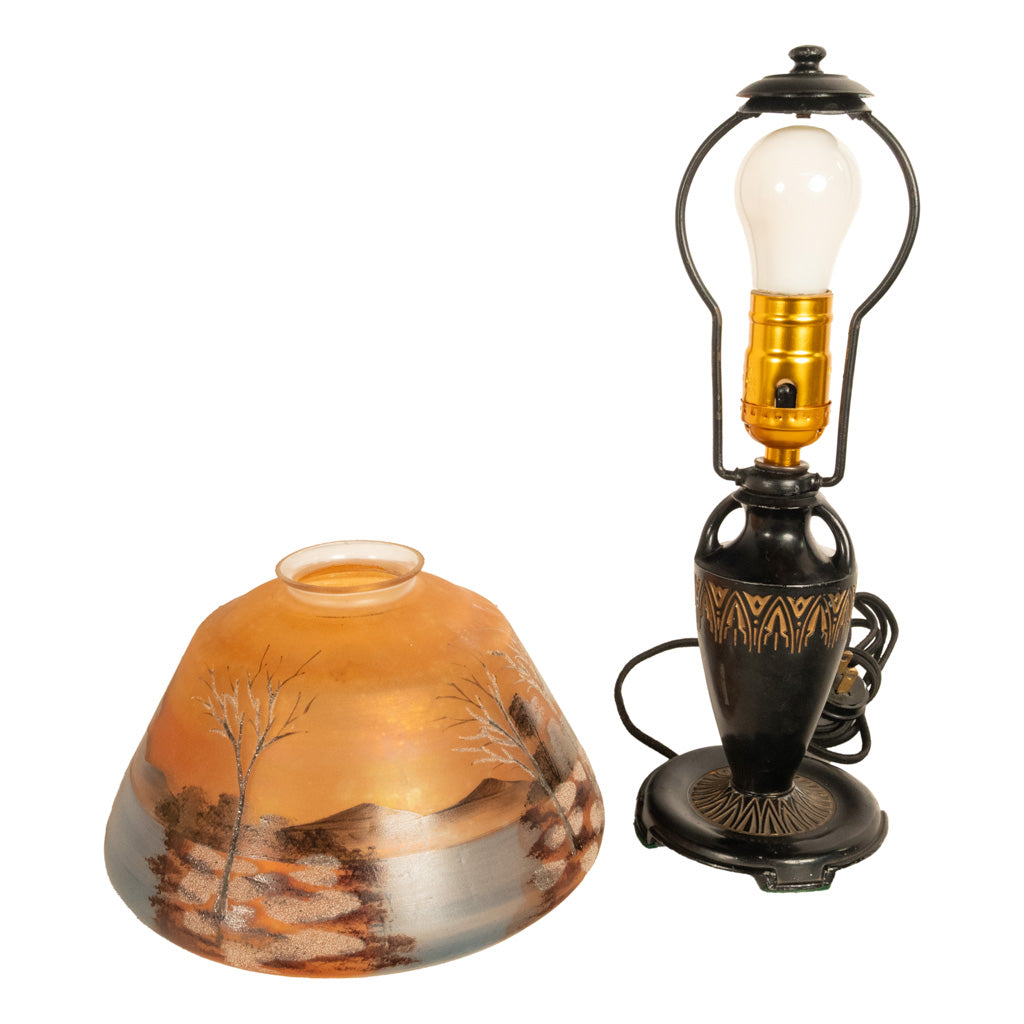 Antique Art Deco Moe Bridges Reverse Painted Landscape Boudoir Table Lamp 1920