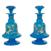 Antique Pair French Blue Opaline Gilded Enamel Glass Perfume Bottles Flacon 1850