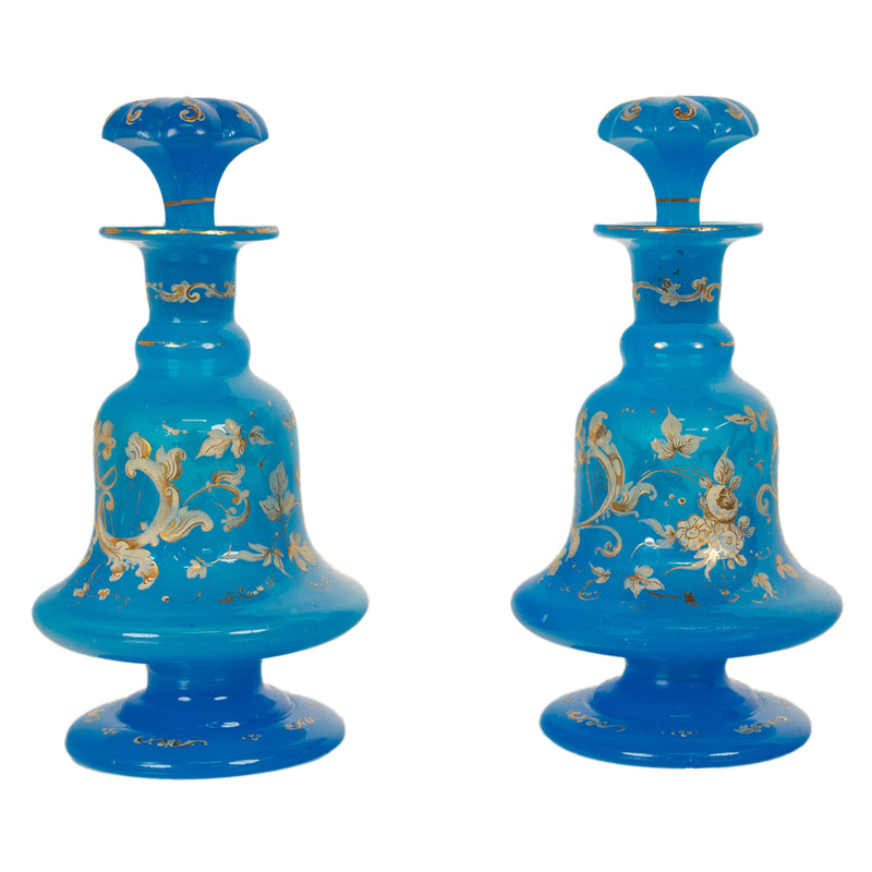 Antique Pair French Blue Opaline Gilded Enamel Glass Perfume Bottles Flacon 1850