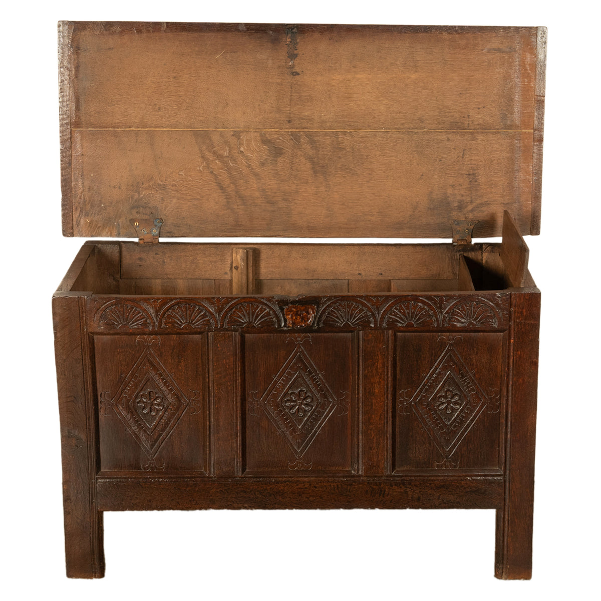 Antique English 17th Century Charles II Carved Oak Coffer Panelled Chest 1680