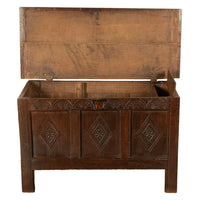 Antique English 17th Century Charles II Carved Oak Coffer Panelled Chest 1680