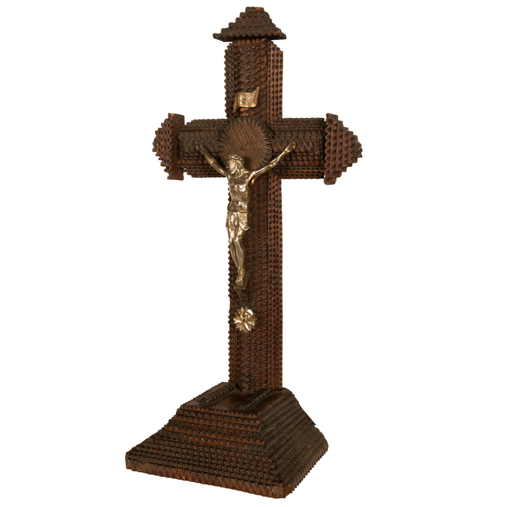 Antique American Tramp Art Carved Wood Crucifix John Zadora Pennsylvania 1900