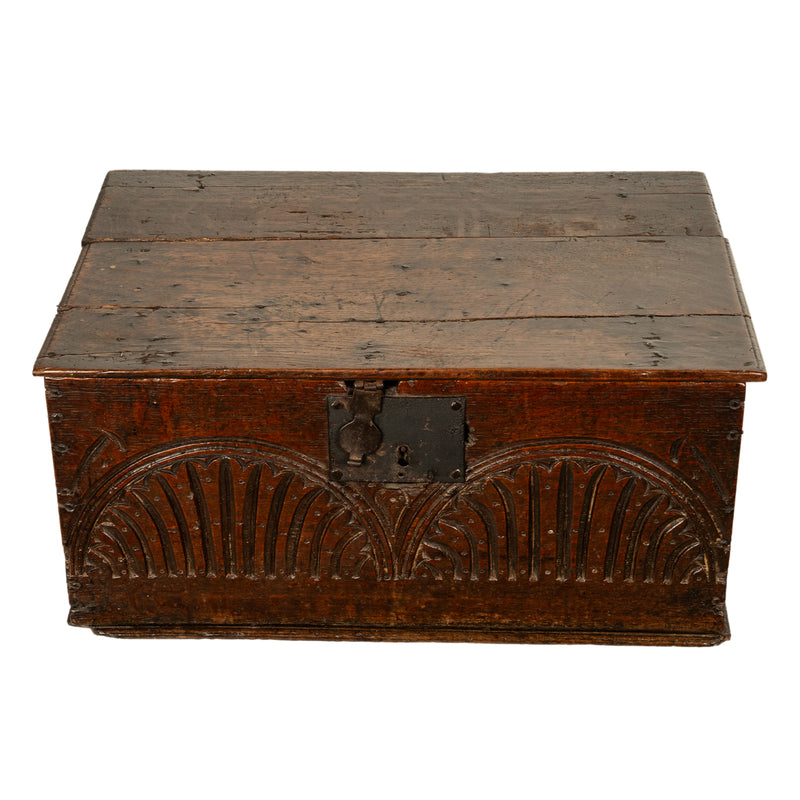 Antique 17th Century Charles II Carved Oak Bible Document Box 6 Plank Trunk 1680