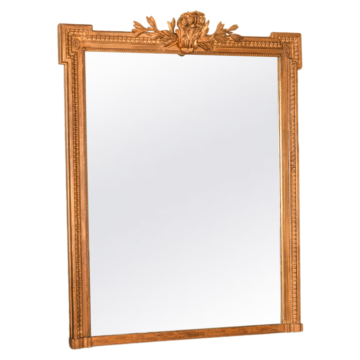 Large Antique 19th Century French Louis XVI Giltwood Crested Wall Mirror 1850