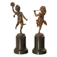 Pair Antique French Bronze Marble Putti Dancing Musicians Statues Sculpture 1860