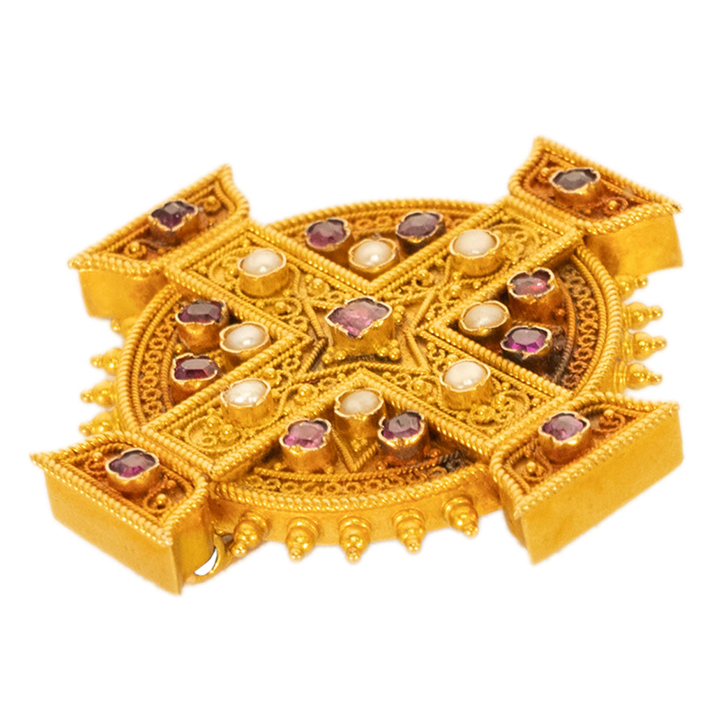 Antique Italian Etruscan Revival 22k Gold Brooch Rubies & Pearls Marchesini 1870