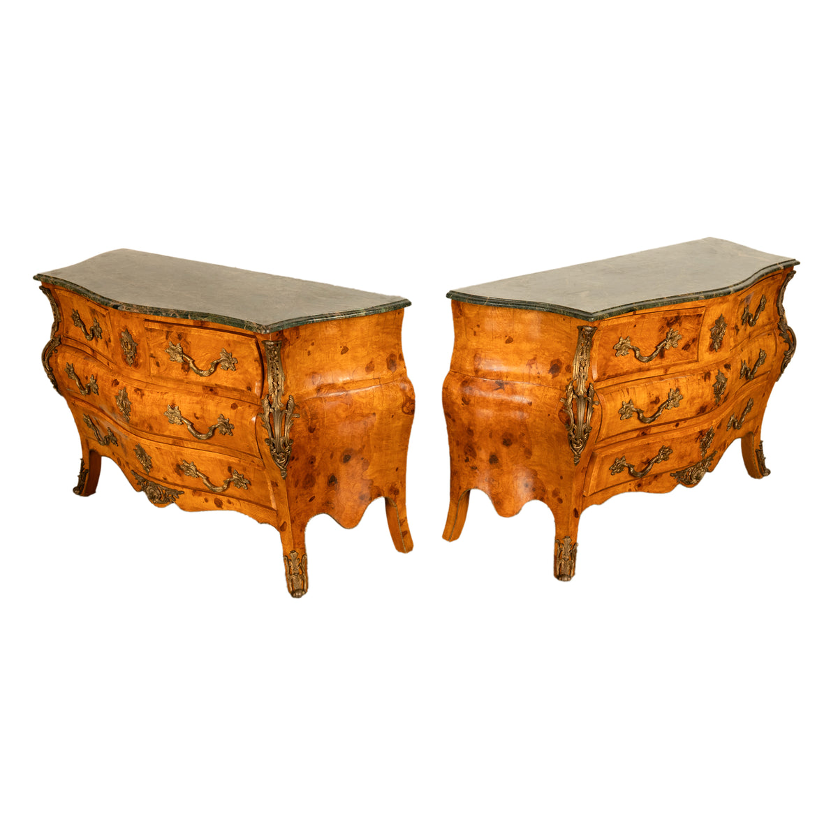 Pair 19th Century Antique Italian Burlwood Bombe Commodes Chests Ormolu & Green Marble 1890