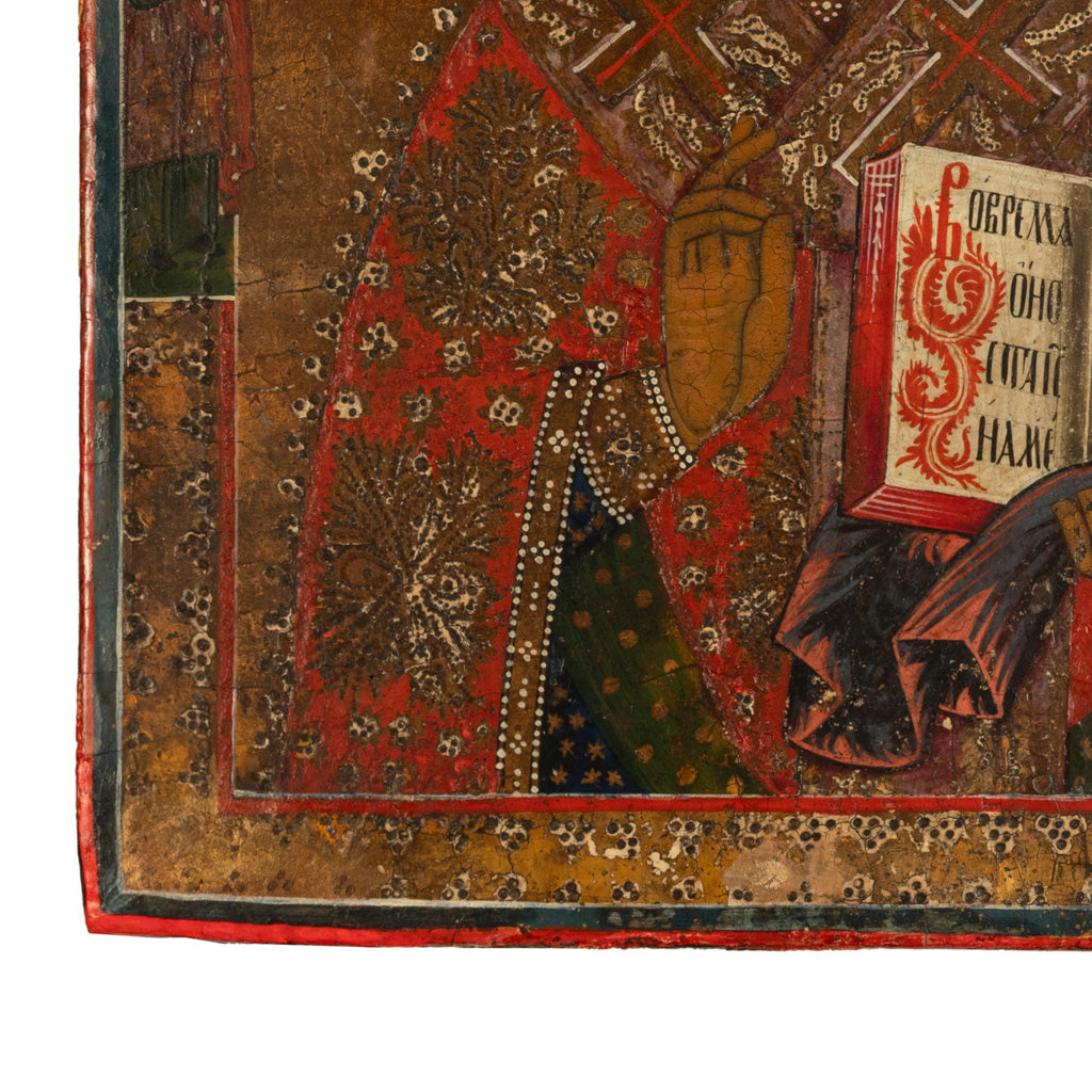 Antique 19thC Russian Orthodox Egg Tempera Painted Icon St Nicholas of Myra 1820