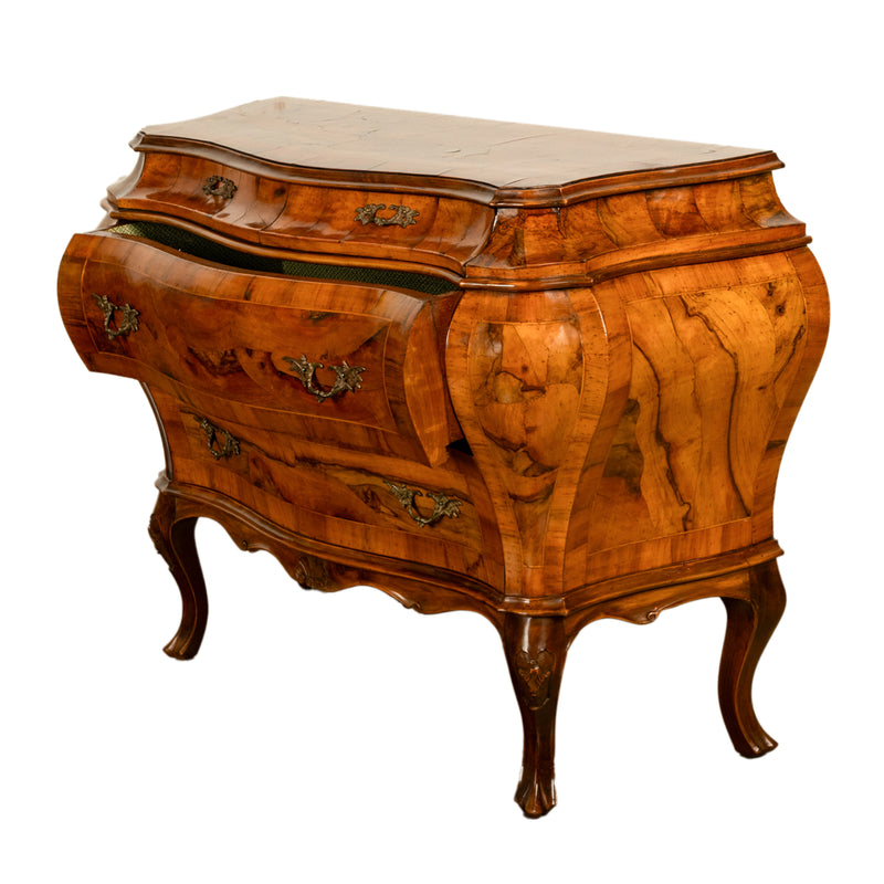 19th Century Italian Antique Inlaid Walnut Bombe Louis XV Venetian Commode 1880