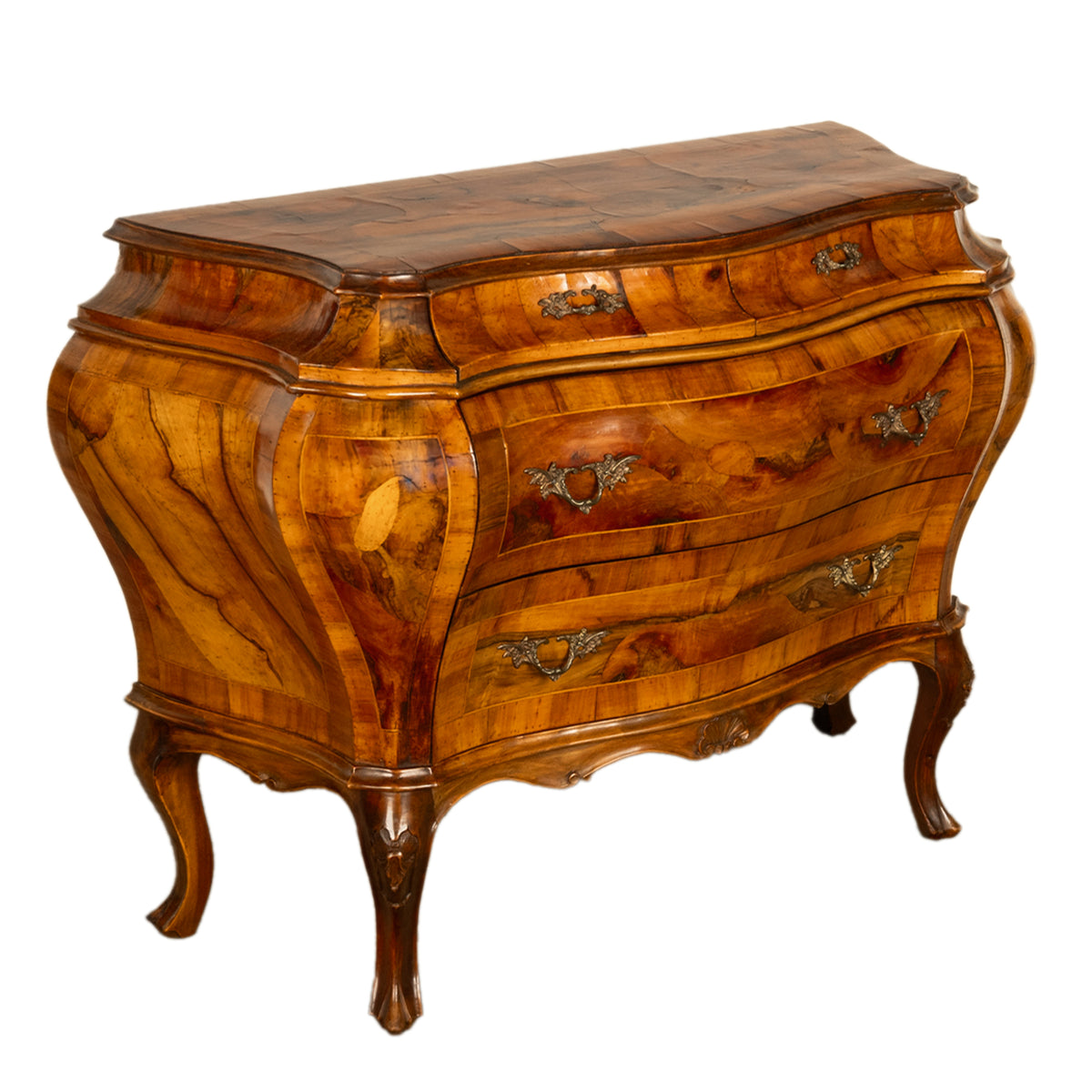 19th Century Italian Antique Inlaid Walnut Bombe Louis XV Venetian Commode 1880