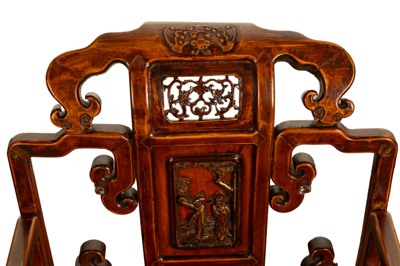 Pair Antique Ming Style Chinese Qing Carved Hardwood Gilt Lacquer Throne Chairs