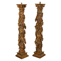Antique Pair 17th Century Baroque Carved & Gilded Solomonic Columns Italy 1680