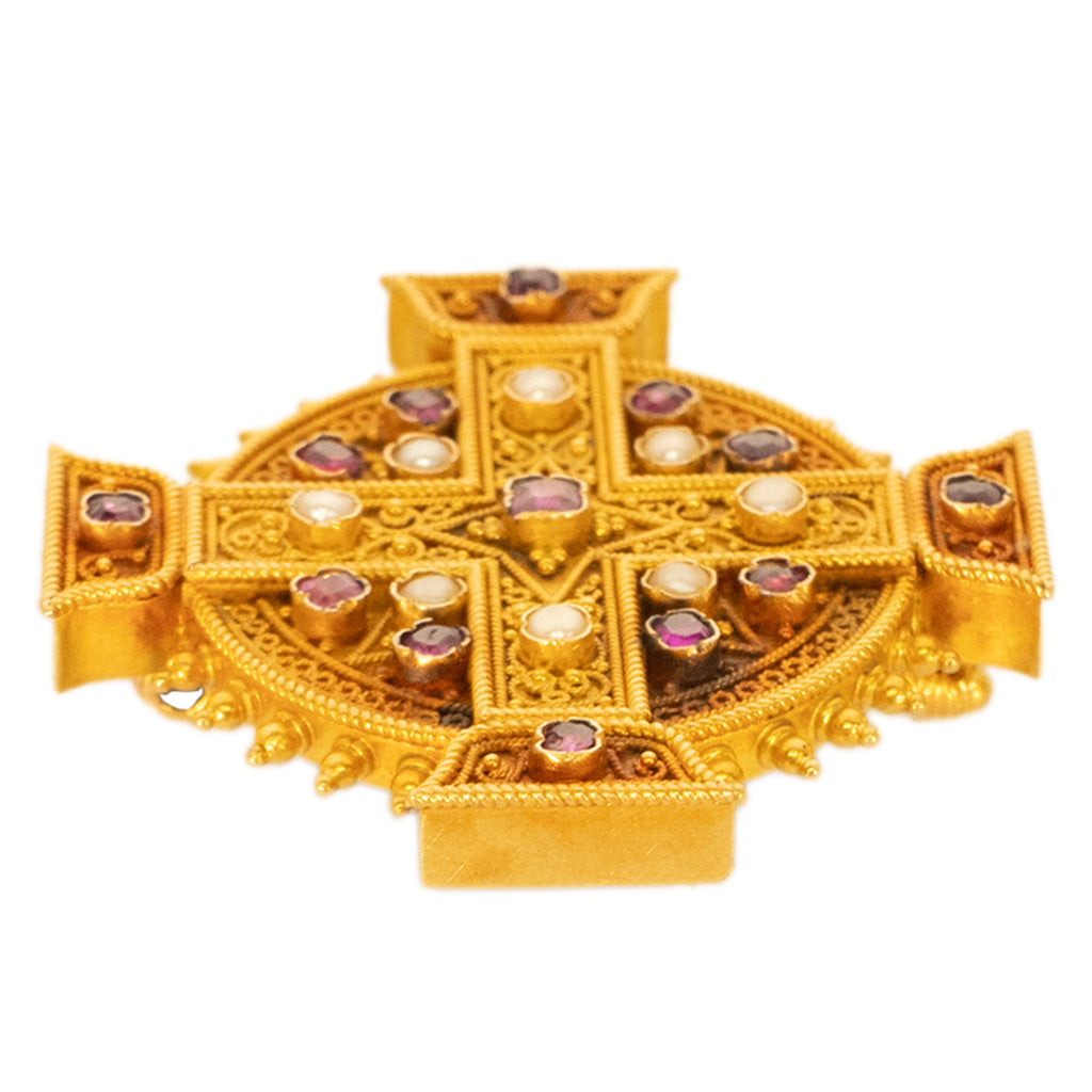 Antique Italian Etruscan Revival 22k Gold Brooch Rubies & Pearls Marchesini 1870