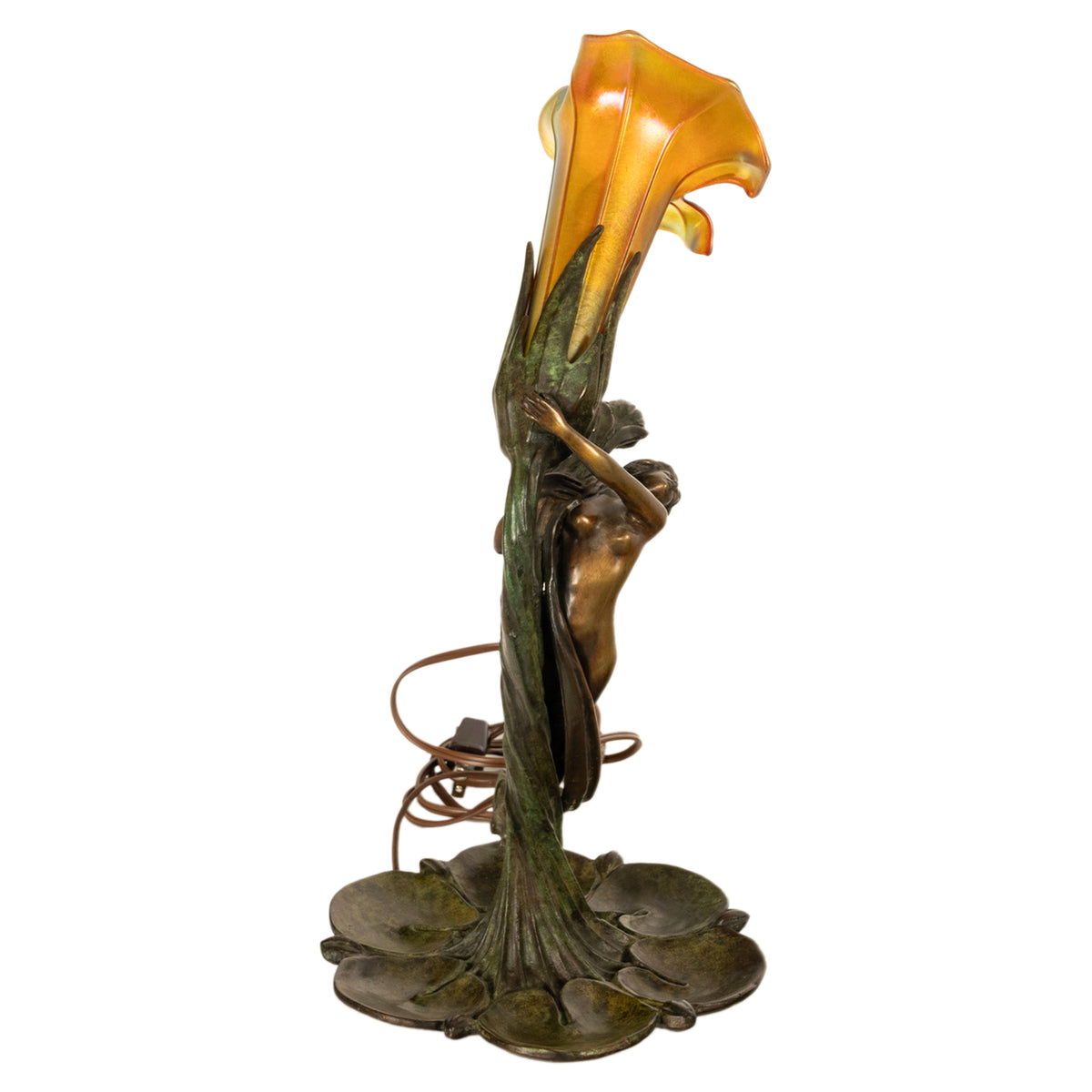 Antique Art Nouveau Austrian Bronze Figural Lamp Loetz Glass Gustav Gurschner, 1905