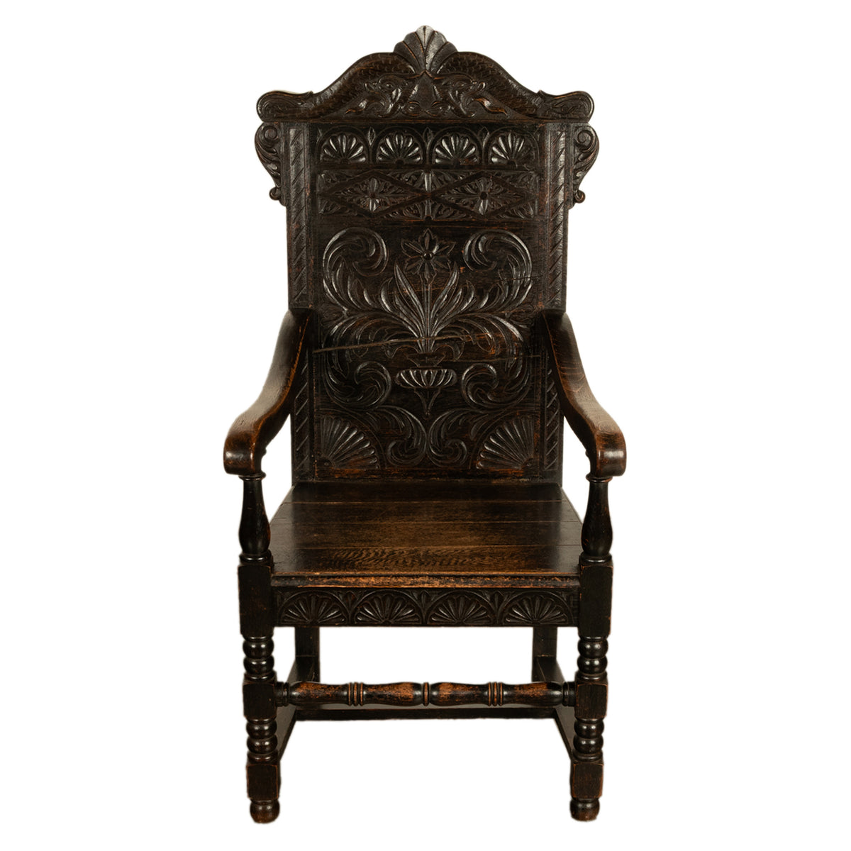 Antique 17th Century English Charles II Oak Carved Wainscot Armchair 1680