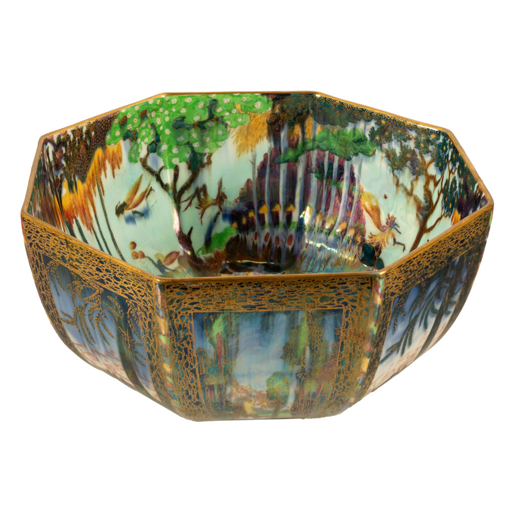 Large Wedgwood Fairyland Lustre Potrcelain Bowl Elves Boxing Match & Castle on a Road 1920
