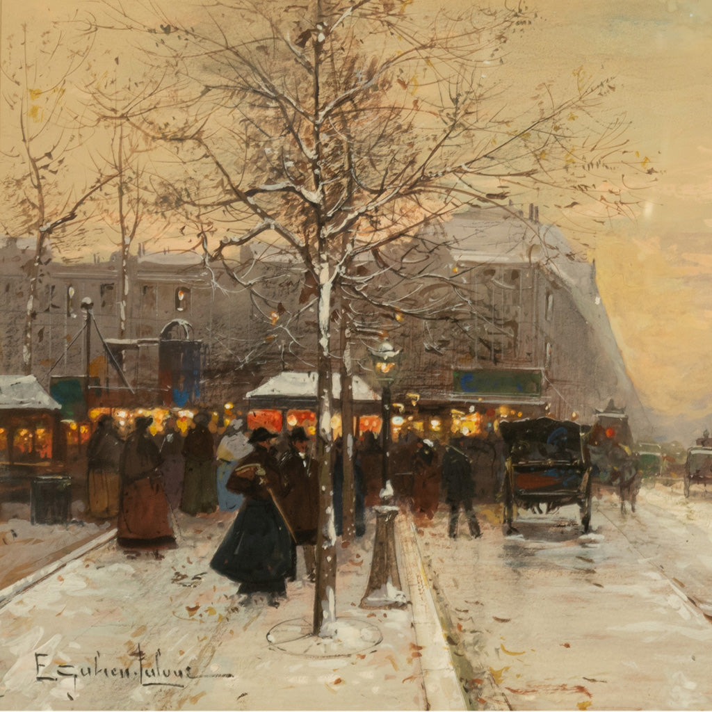 French Impressionist Painting Winter Landscape Scene "Foire de Montmartre" Paris by Eugene Galien-Laloue, 1900