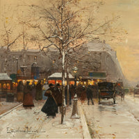 French Impressionist Painting Winter Landscape Scene "Foire de Montmartre" Paris by Eugene Galien-Laloue, 1900
