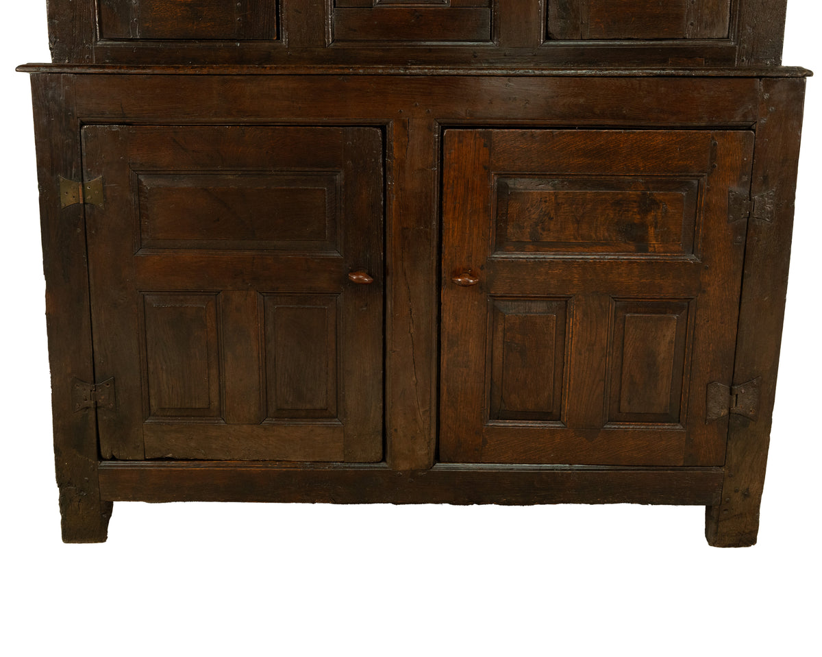 Antique Early 18th Century Welsh English Deuddarn Carved Oak Court Cupboard 1737