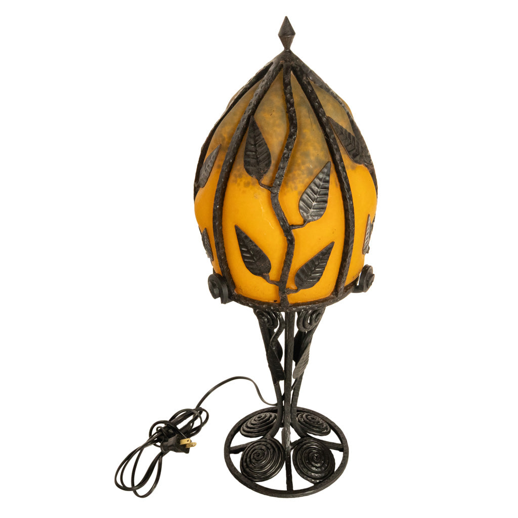 Large Antique French Art Deco Daum Glass & Edgar Brandt Iron Table Lamp 1920s