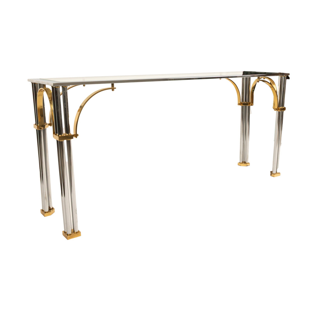 Mid Century Modern Chrome & Brass Glass Console Sofa Table by John Vesey 1960s