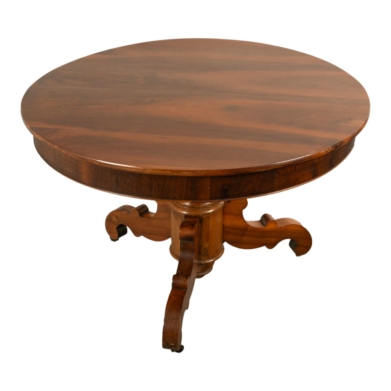 Antique Round Carved French Walnut Pedestal Tripod Dining Center Table 1850