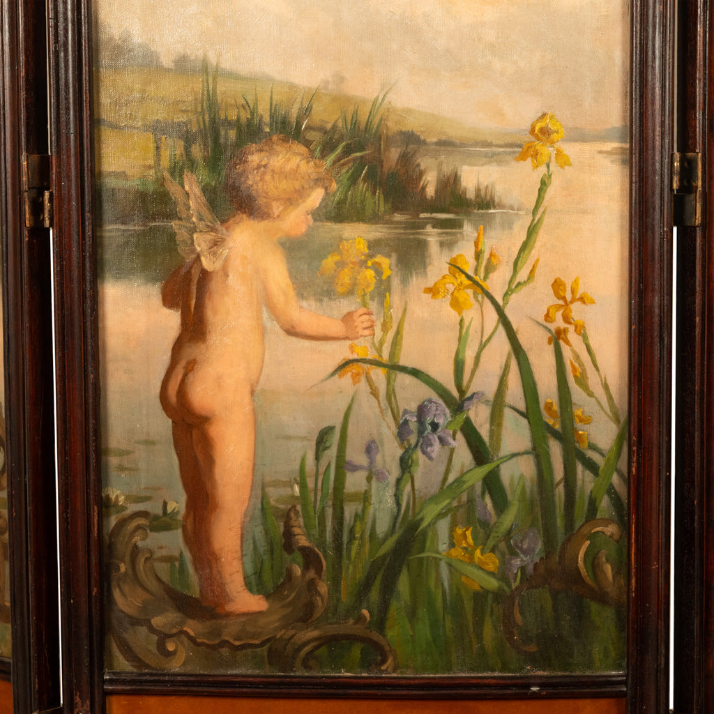 Antique French Rococo Oil Canvas Walnut Painting Landscape Cherubs Screen 1870
