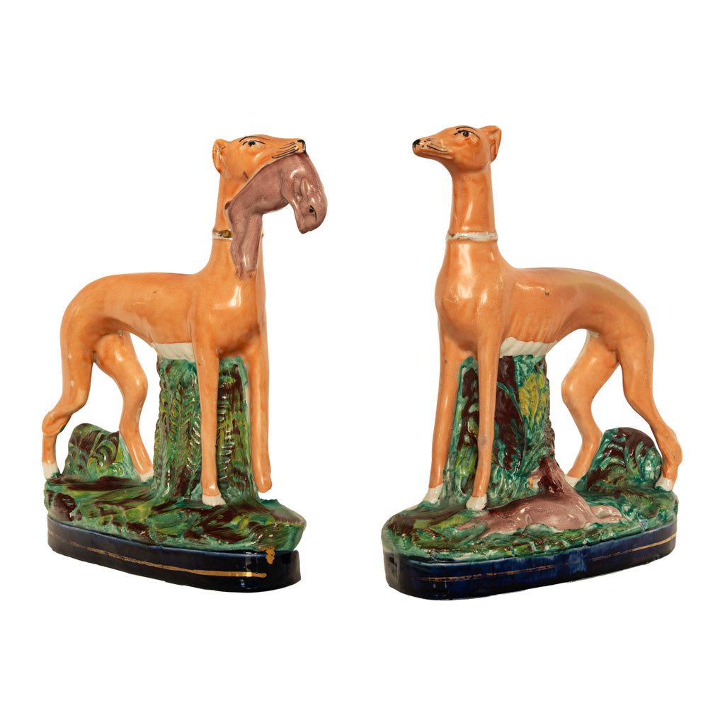 Antique 19thC Pair of Staffordshire Whippets Greyhounds Hunting Dog Figures 1860