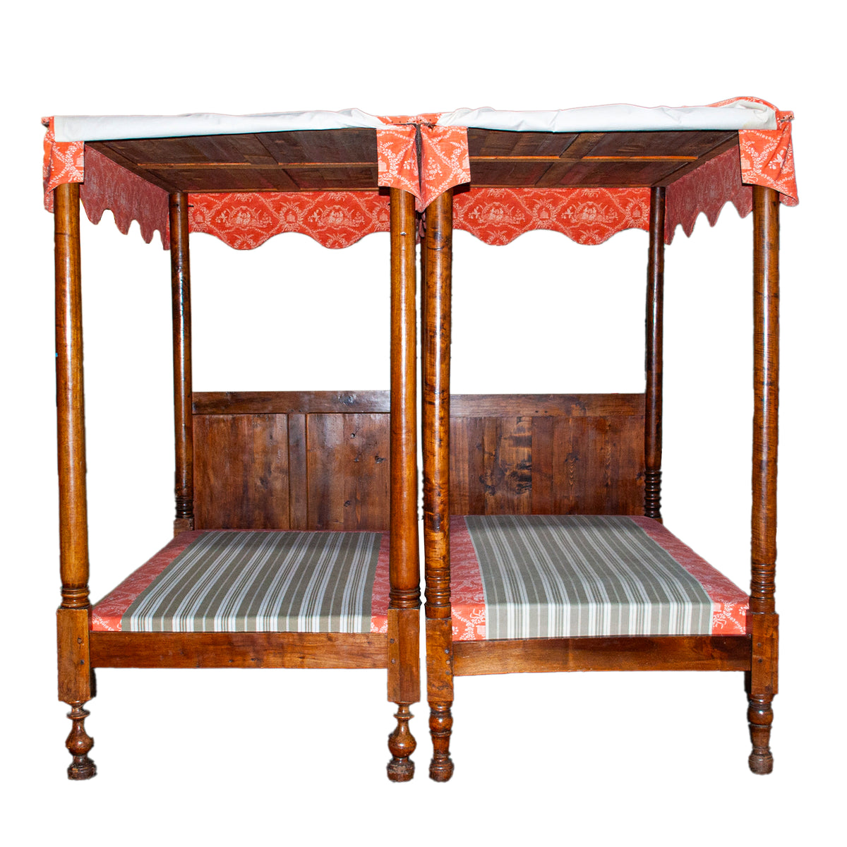 Pair 18th Century Antique French Four Poster Tester Canopy Cherry Twin Beds 1780