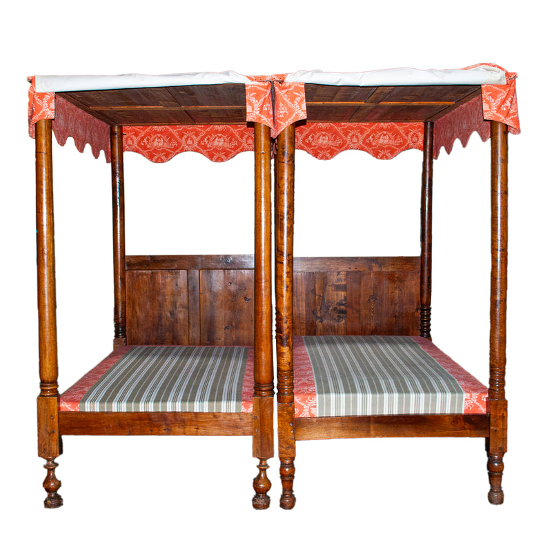 Pair 18th Century Antique French Four Poster Tester Canopy Cherry Twin Beds 1780