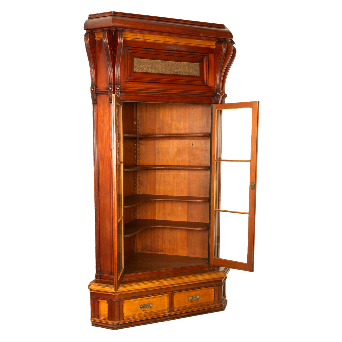 Antique Monumental Victorian Mansion Eastlake Fir Corner Cupboard Cabinet Oregon,  circa 1882
