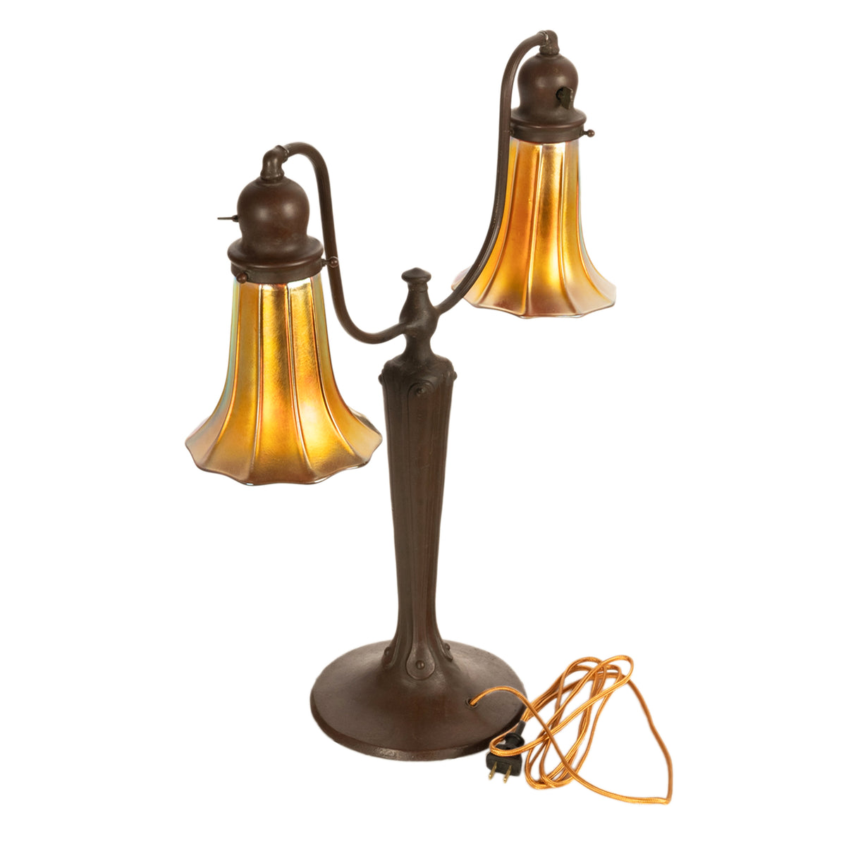 Antique American Art Nouveau Bronze Handel Table Lamp Steuben Aurene Glass Shades Circa 1910