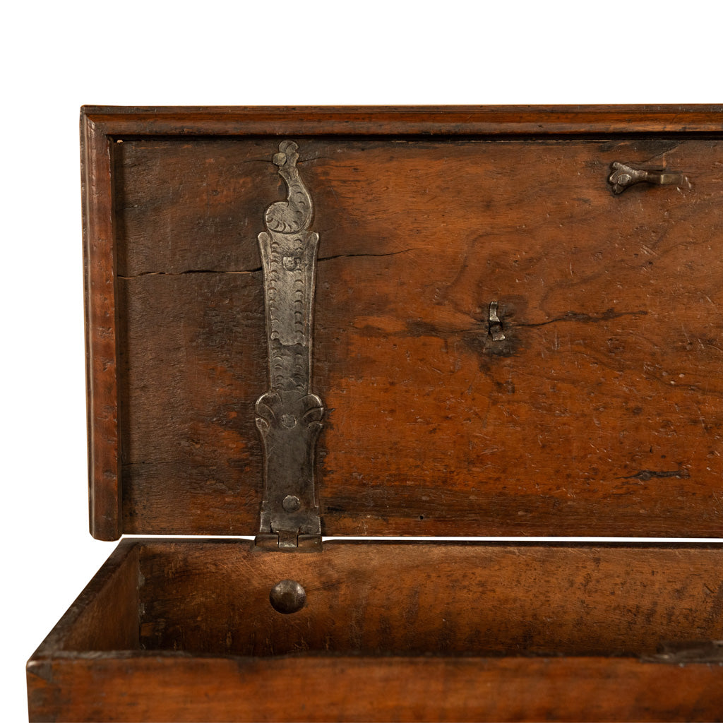 Antique Italian Baroque Walnut & Engraved Iron Jewelry Strong Box Cassone 1600