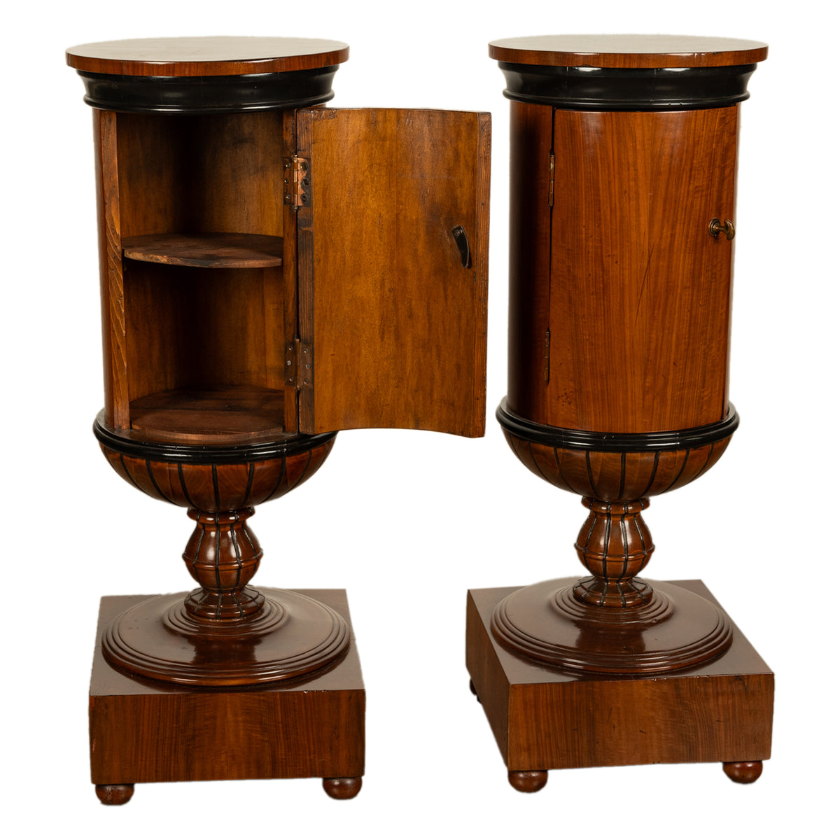 Pair Antique Austrian Walnut Biedermeier Drum Pedestal Cabinets Nightstands 1830