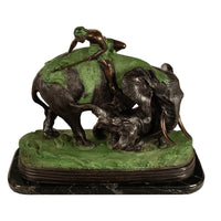 Antique Cast Bronze Elephant Hunt Scene with Lion Antonio Amorgasti Belgium 1925