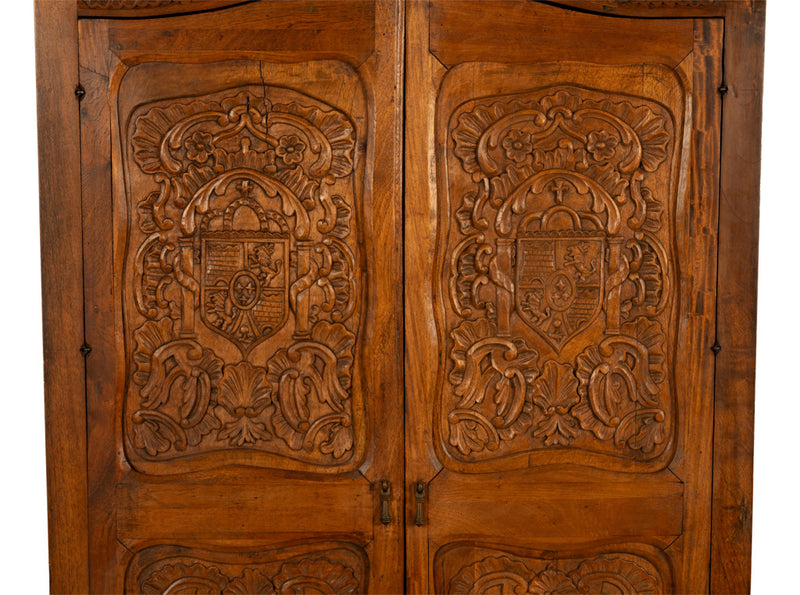 Antique 18th Century Carved Walnut Corner Cabinet Spainish Royal Coat of Arms