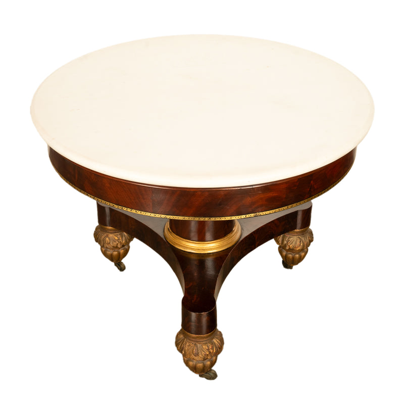 Antique American Classical Mahogany Marble Top Parcel Gilt Round Center Table New York Duncan Phyfe 1825