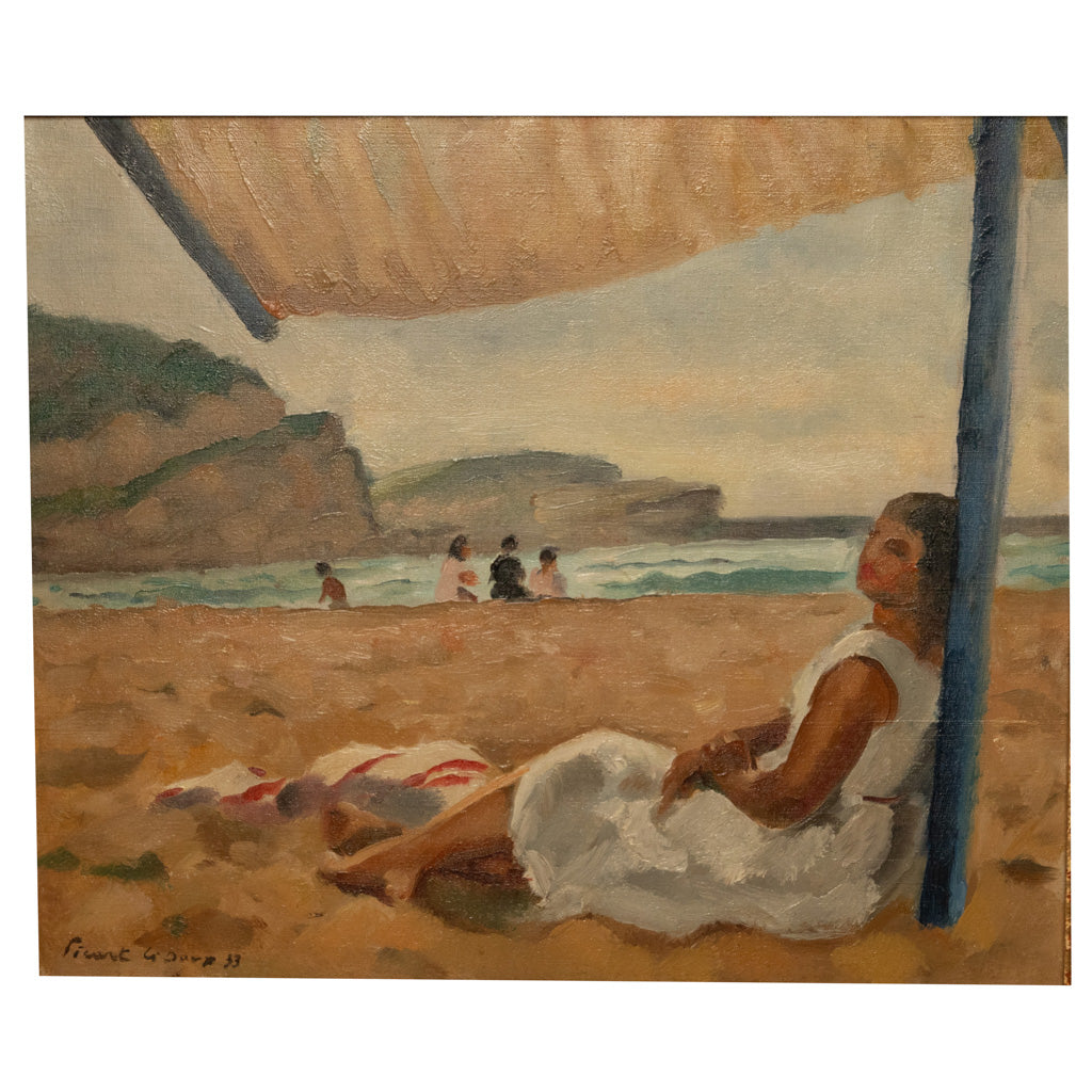 French Oil on Canvas Post Impressionist Portrait Painting Beach Sea Scene Spain by Charles Picart le Doux, 1933