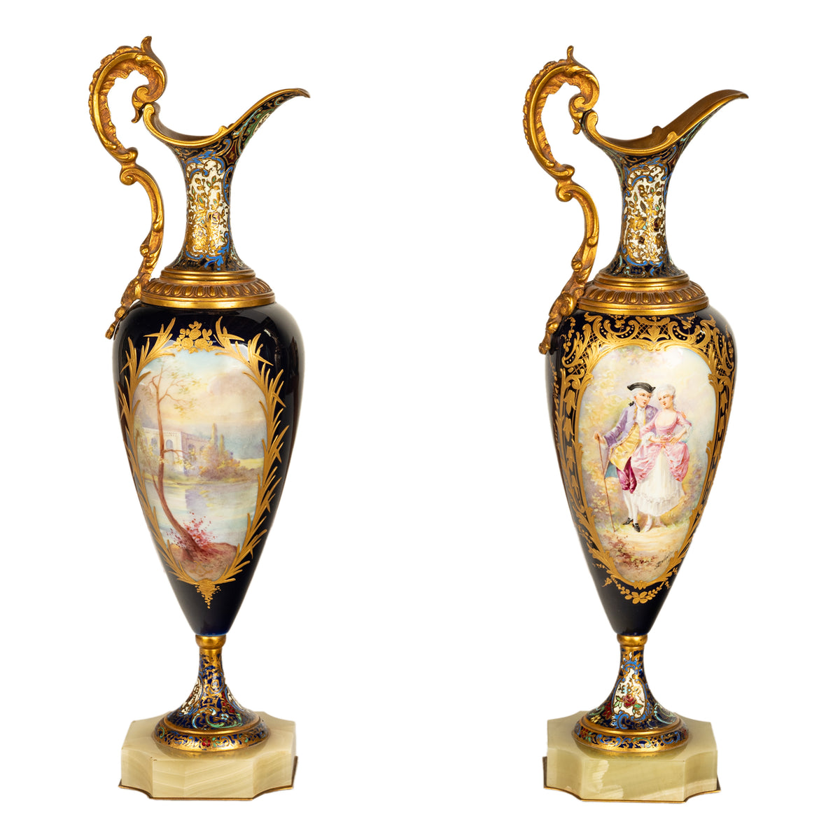 Pair Antique French Sevres Porcelain & Champleve, Ormolu Ewers Signed Rochette Circa 1890