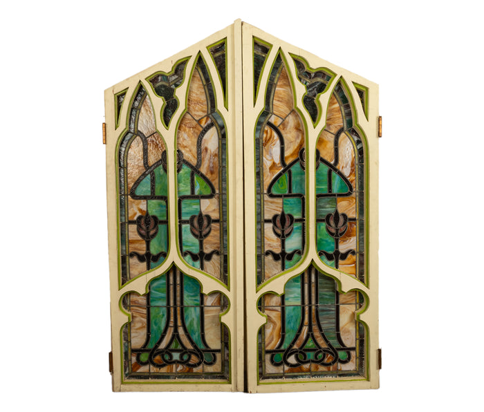 Pair Antique American Stained Glass Gothic Art Nouveau Doors Windows Povey Bros Circa 1900