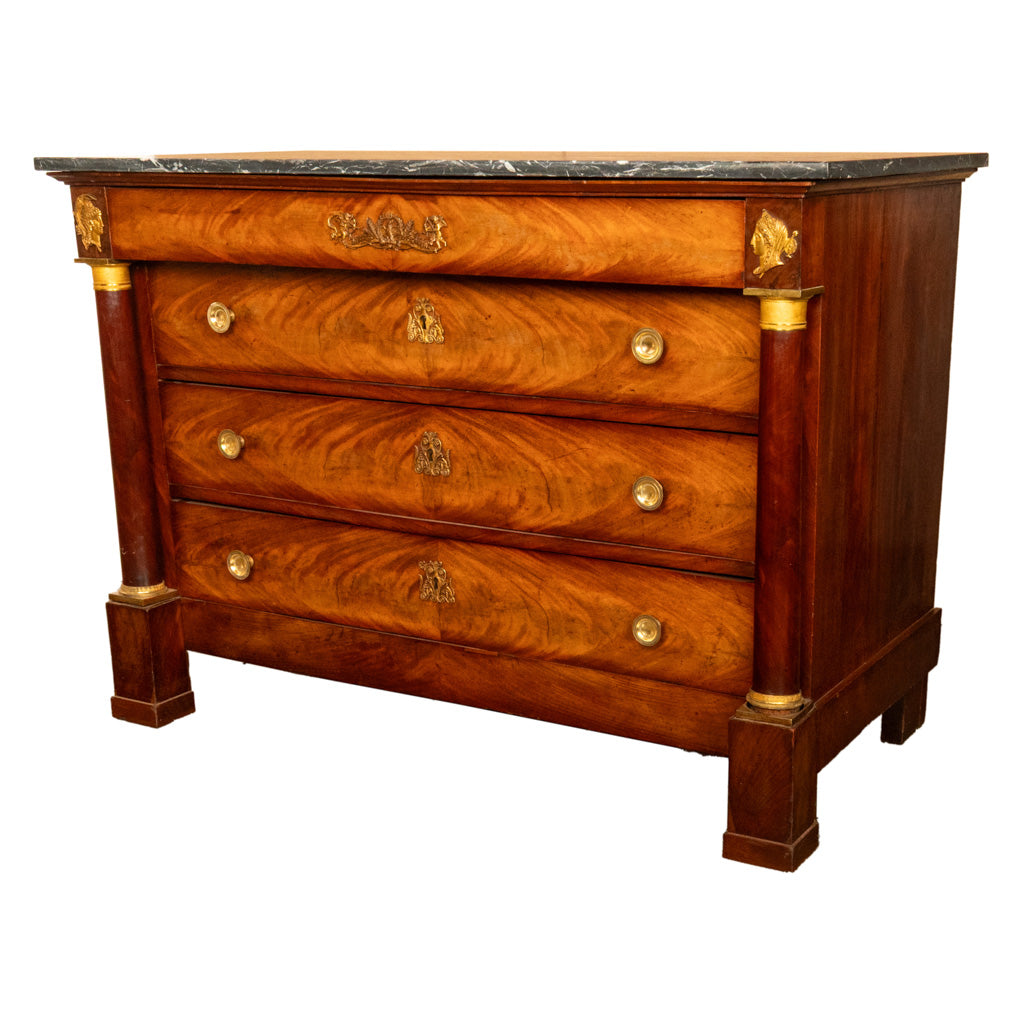 Antique French Empire Mahogany Marble Top Ormolu Commode Chest of Drawers 1810