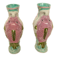 Pair Antique Chinese Qing Dynasty Wucai Glaze Porcelain Double Dragon Fish Vases, 1890