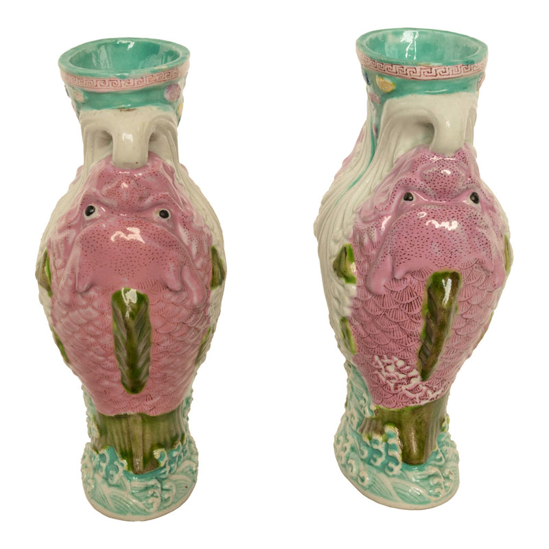 Pair Antique Chinese Qing Dynasty Wucai Glaze Porcelain Double Dragon Fish Vases, 1890