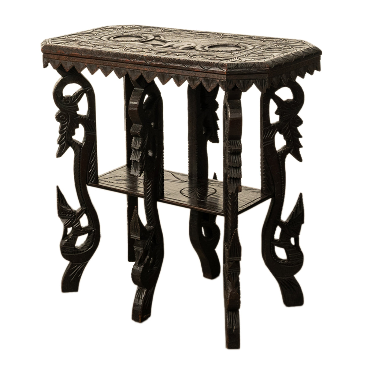 Antique Carved Anglo Indian Teak Wood Elephant Twin Tier Lamp Side Table 1900