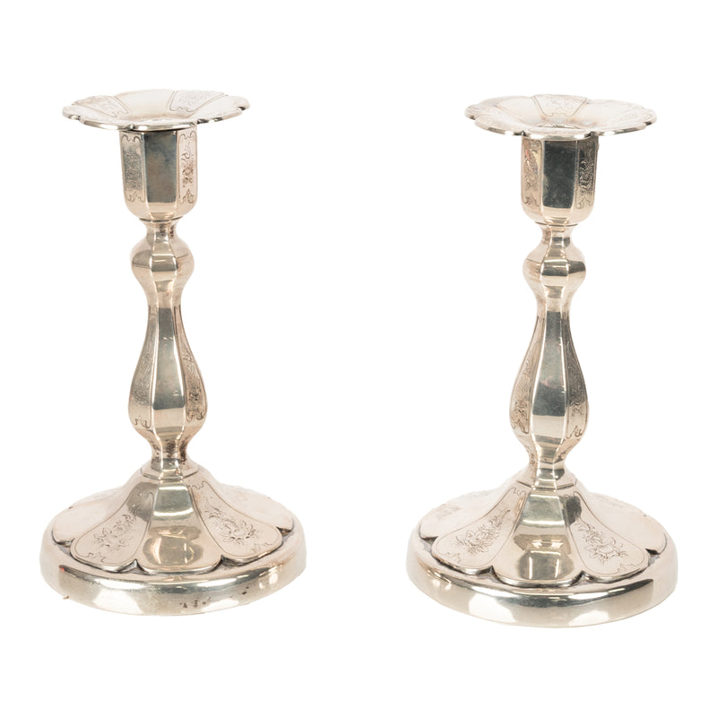 Pair Antique 19th Century Swedish Gustavian Sterling Silver Engraved Candlestick Holders 1864