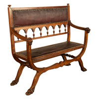 Antique Renaissance Revival Carved Walnut & Leather Hall Window Bench Italy 1880